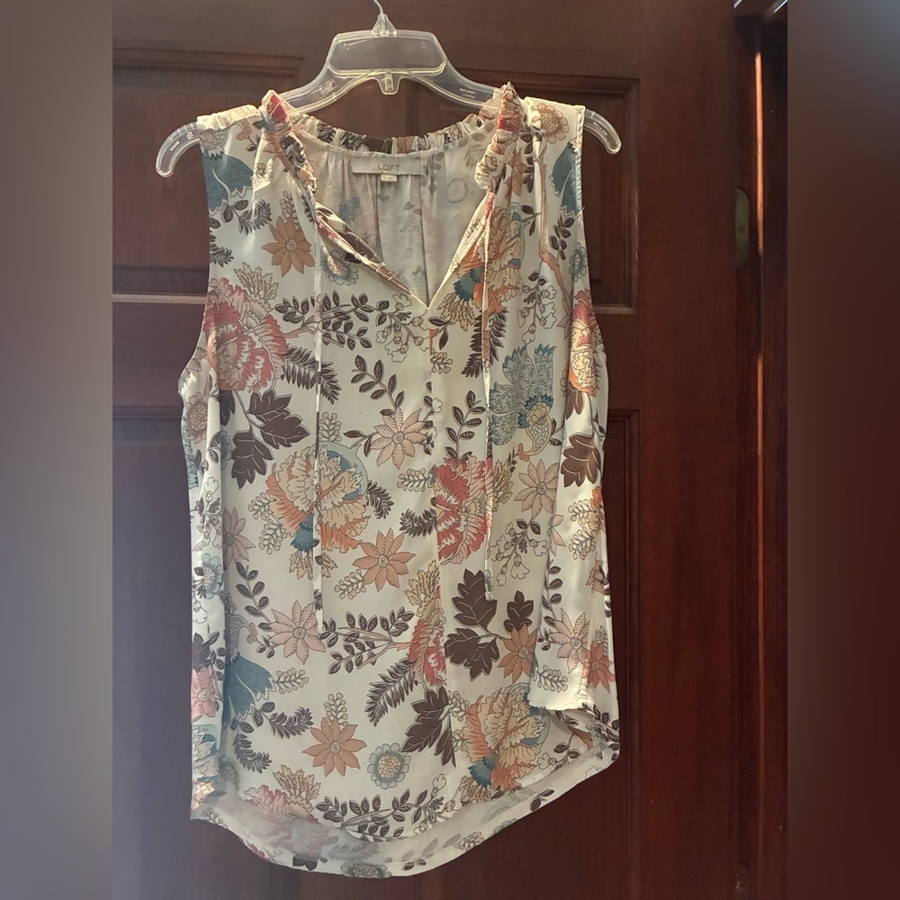 LOFT Floral Print Sleeveless Blouse - Cream and Brown